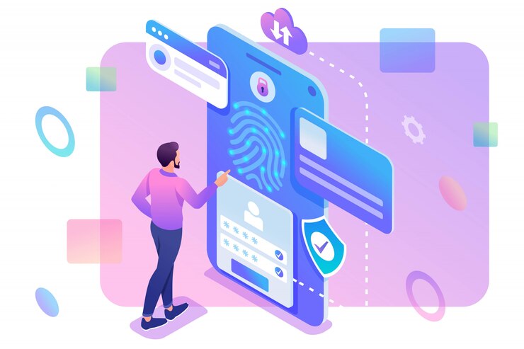 Vector isometric young man with mobile phone, data protection, biometric lock. 