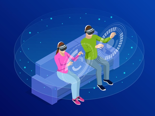 Vector isometric young man and woman wear the virtual reality glasses. watching and showing imagine via the vr camera. technology and innovation concept.