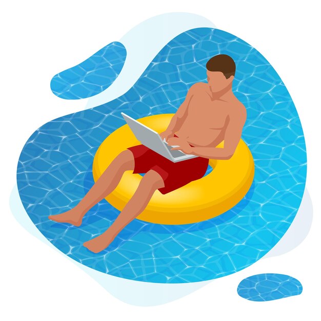 Isometric young man working on the beach with a laptop on a sunny day feeling of relaxing freelance or blogging concept work with pleasure