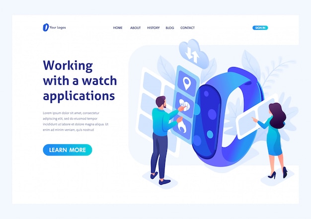 Isometric young people working with watch apps. template landing page for website