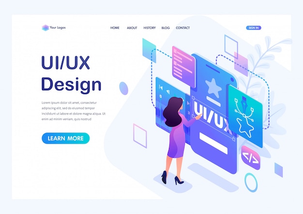Vector isometric  a young woman creates a custom design for a mobile application, ui ux design.