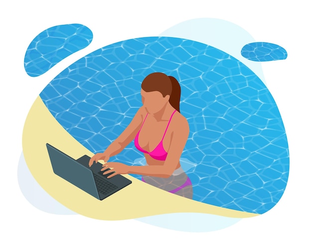 Isometric young woman working on the beach with a laptop on a sunny day feeling of relaxing freelance or blogging concept work with pleasure