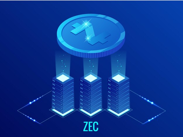 아이소메트릭 ZCASH 암호화폐 채굴장. 블록체인 기술, 암호화폐 및 금융 거래를 위한 디지털 결제 네트워크. 추상 파란색 배경입니다.