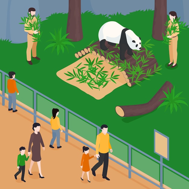 Isometric zoo composition with view of panda park with bamboo leaves workers and visitors behind barrier illustration