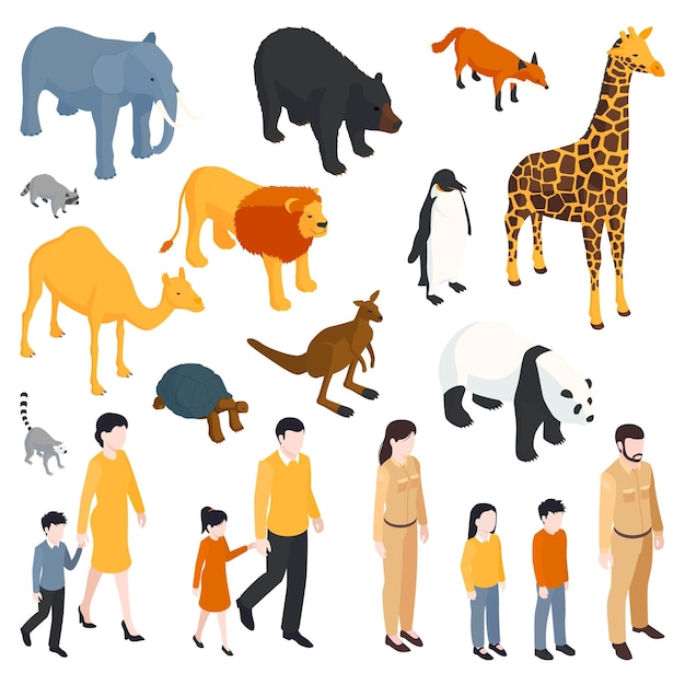 Isometric zoo set of isolated icons adult visitors with kids and animals from across the world vector illustration