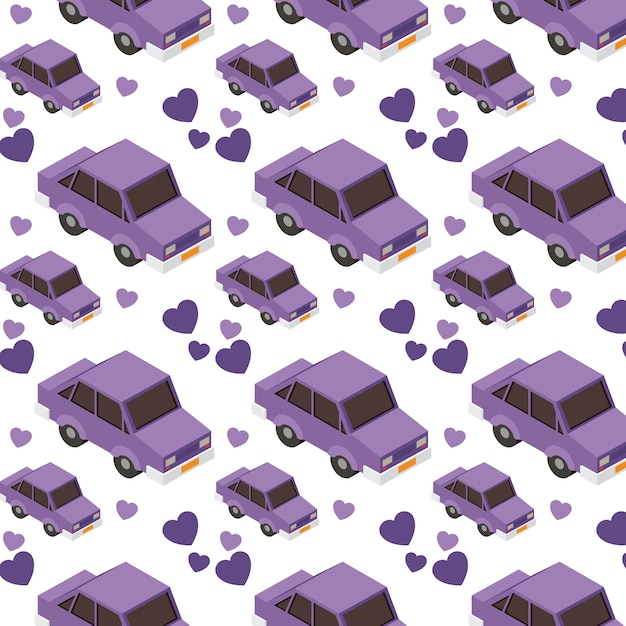 isometrics cars and hearts pattern background