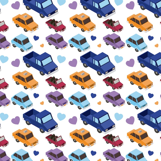 isometrics cars and hearts pattern background