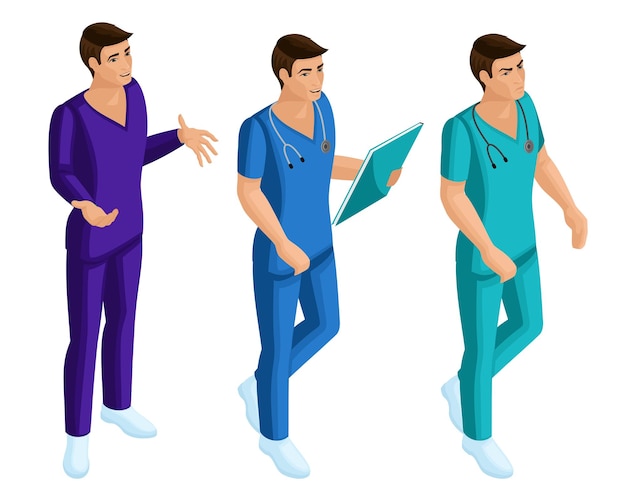 Isometrics of a man medical workers a doctor a surgeon a nurse in medical gowns