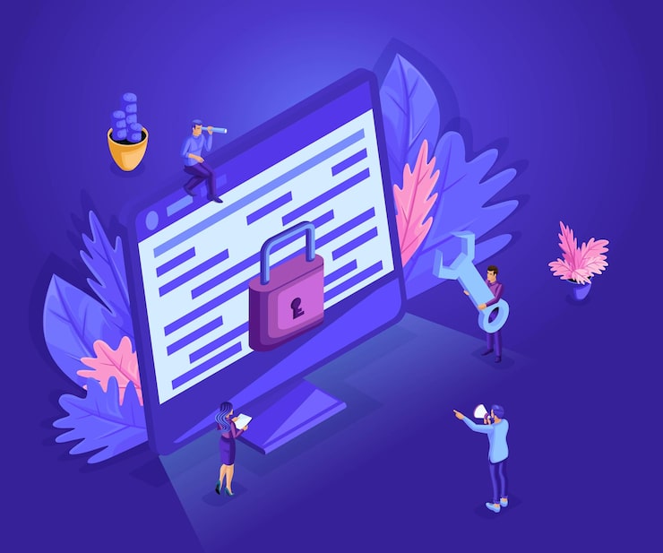 Вектор изометрия небольшие люди работают с монитором, концепция защиты компьютерных данных для веб-страницы, кодирование, программирование, разработка приложений.