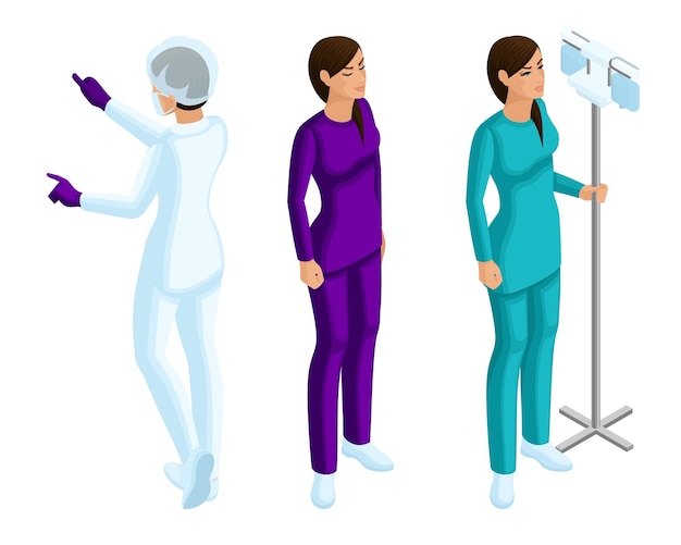 Isometrics of a woman medical workers a doctor a surgeon a nurse in medical gowns