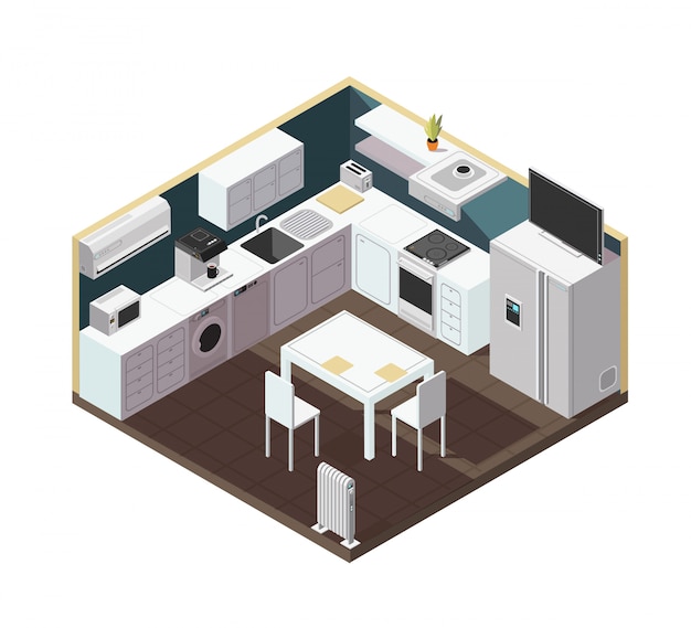 Isometrisch 3d keukenbinnenland met huishoudapparaat, materiaal en meubilair