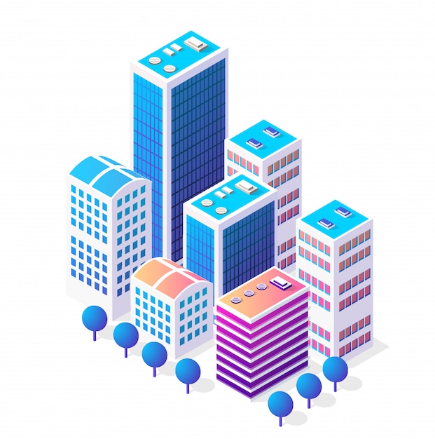Isometrisch 3d pictogram stads stedelijk gebied met veel huizen