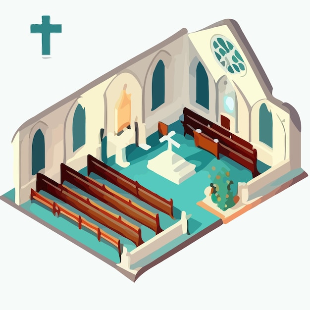 Vector isometrisch_beeld_van_het_interieur_van_de_kerk_met_kruis