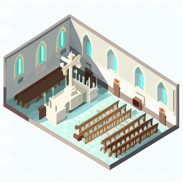 Vector isometrisch_beeld_van_het_interieur_van_de_kerk_met_kruis