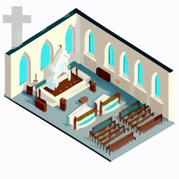 Vector isometrisch_beeld_van_het_interieur_van_de_kerk_met_kruis