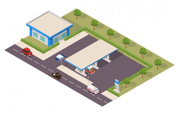 Isometrisch benzinestation met auto's