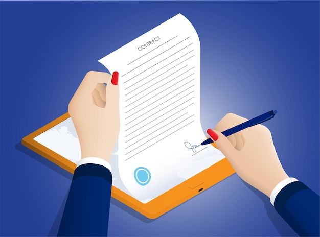 Isometrisch concept Bedrijfsvrouw tekent handmatig digitaal contract langetermijnovereenkomst in tablet