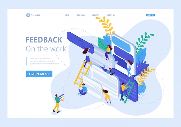 Isometrisch concept internetgebruikers schrijven feedback over diensten. website sjabloon bestemmingspagina