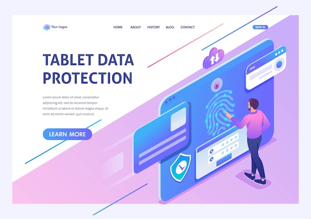 Isometrisch concept Jonge man biedt gegevensbescherming op antivirusinstellingen voor tablets Sjabloonbestemmingspagina voor website