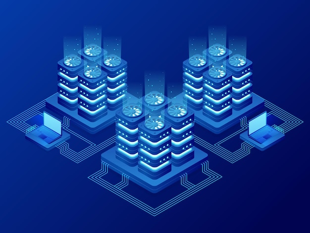 Isometrisch databasenetwerkbeheer. Big Data processing, energiecentrale van de toekomst. IT-technicus die server draait. Cloud dienstverlening. Digitale informatie. Vector illustratie.