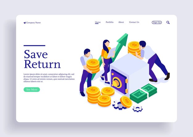 Isometrisch illustratieconcept Investeren en geld besparen met karakters