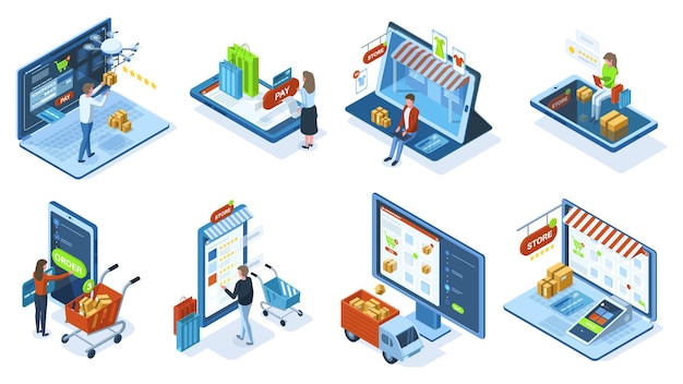 Isometrisch mobiel e-commerce online winkelconcept. mensen doen aankopen met behulp van mobiele apps en betalingssystemen vector illustratie set. mobiele winkelbestellingen