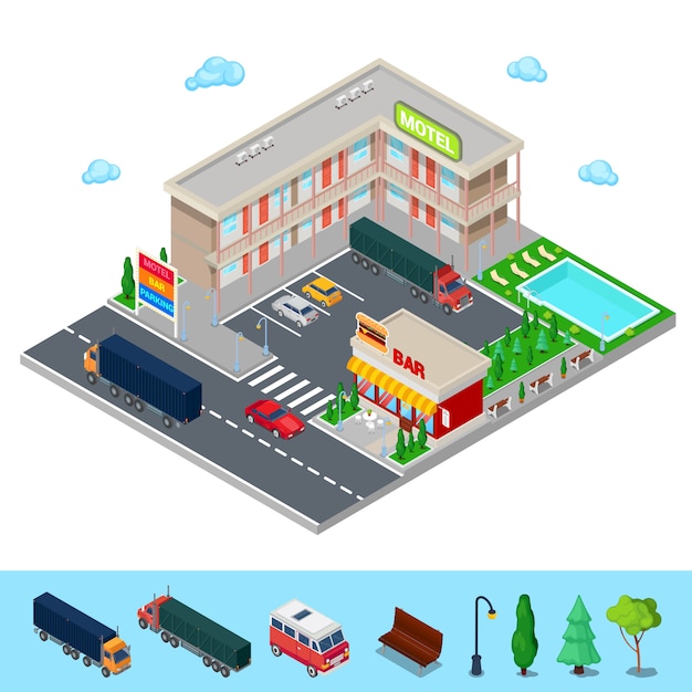 Isometrisch motel met parkeerzone, bar en zwembad. modern road hotel. vector illustratie