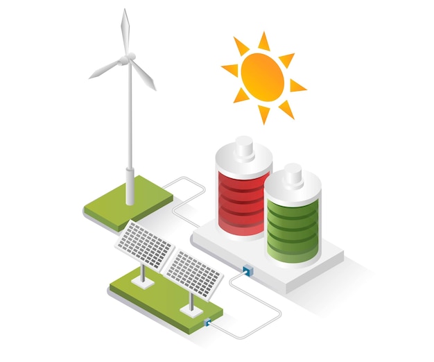 Vector isometrisch ontwerpconcept illustratie batterijen slaan energie op van zonnepanelen en windmolens