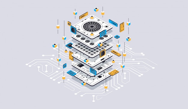 Isometrisch ontwerpconcept virtual reality en augmented reality. software ontwikkeling en programmering. Berekening van big datacenter, isometrische kwantumcomputertechnologie