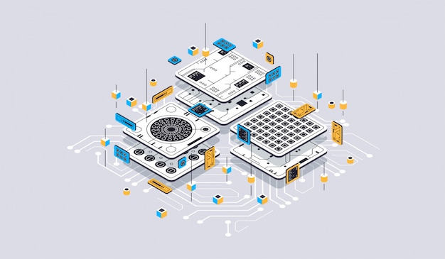 Isometrisch ontwerpconcept virtual reality en augmented reality. software ontwikkeling en programmering. Berekening van big datacenter, isometrische kwantumcomputertechnologie