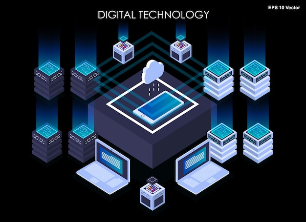 Isometrisch ontwerpconcept virtual reality en ontwikkeling digitale technologieën isometrische datacenter digitale technologie serverruimte