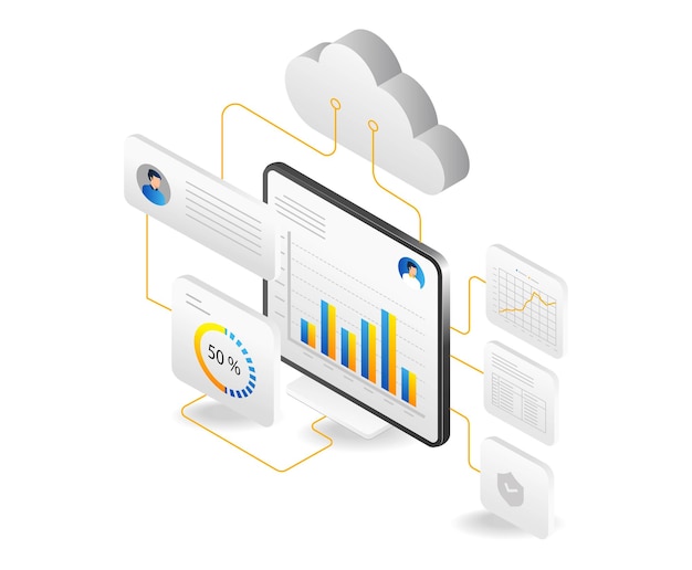 Isometrisch plat ontwerpconcept van cloud computing en data-analyse vectorillustratie