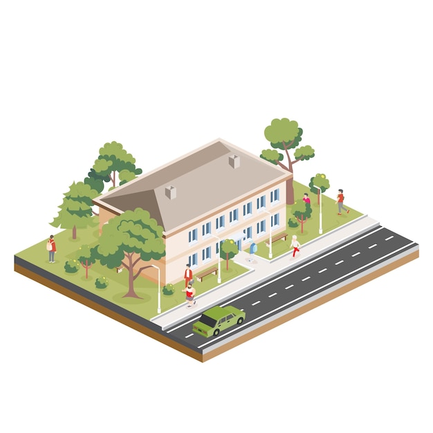 Isometrisch residentieel gebouw van twee verdiepingen met mensen, weg en bomen Icon of infografisch element Stadshuis Architectonisch symbool geïsoleerd op witte achtergrond 3D-object