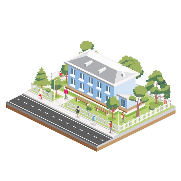 Isometrisch residentieel gebouw van twee verdiepingen met mensen, weg en bomen Icon of infografisch element Stadshut Architectonisch symbool geïsoleerd op witte achtergrond 3D-object
