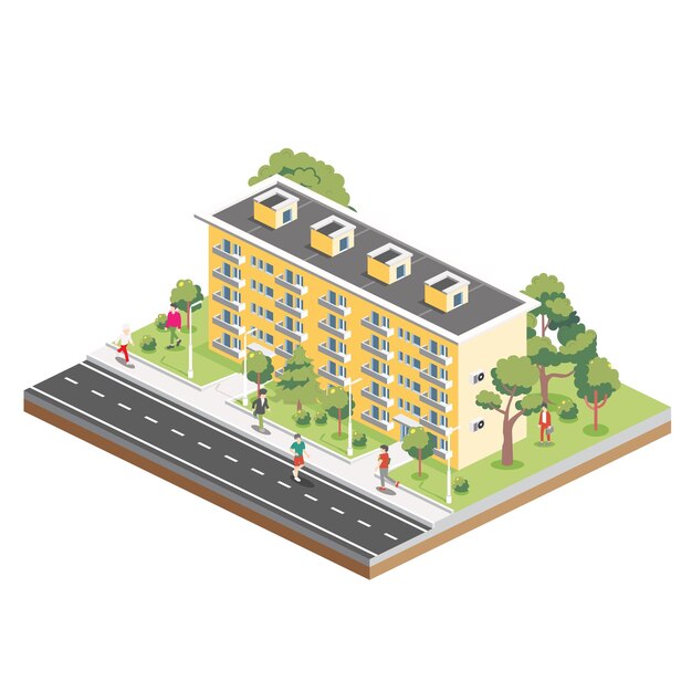 Isometrisch residentieel gebouw van vijf verdiepingen met mensen, weg en bomen Icon of infografisch element Vectorillustratie Stadshut Architectonisch symbool geïsoleerd op witte achtergrond 3D-object