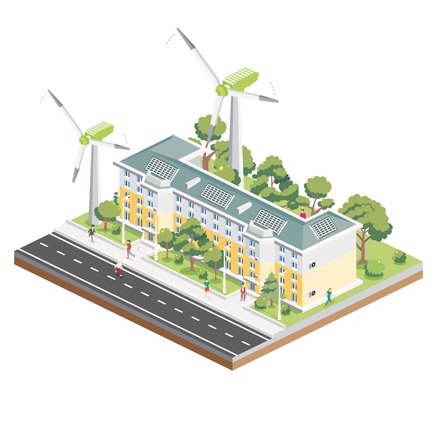 Isometrisch residentieel gebouw van vijf verdiepingen met zonnepanelen met windturbines Groen milieuvriendelijk huis Infografisch element Vector illustratie Stadsarchitectuur geïsoleerd op witte achtergrond