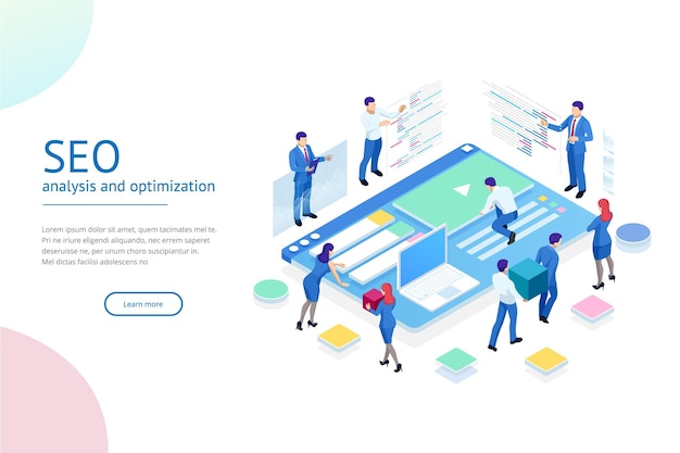 Isometrisch SEO-analyseteamconcept Inhoudcreatiespecialist en artikelschrijvers Schrijfservice IT-specialisten analyse van zoekmachineoptimalisatie
