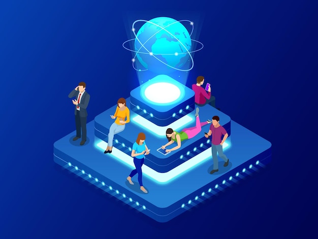Isometrisch sociaal netwerk, technologie, netwerken en internetconcept. Wereldwijde netwerkverbinding, wereldwijde gegevensuitwisselingen over de hele wereld, big data. Vector illustratie.