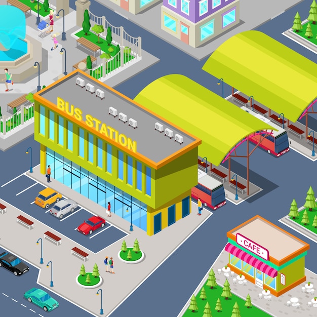 Vector isometrisch stadsbusstation met bussen, parkeerplaats, restaurant en park.