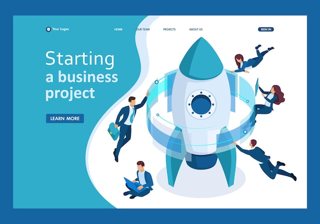 Isometrisch starten van een zakelijk project zakenlieden rond de raket werken aan een virtueel scherm Template Landingspagina