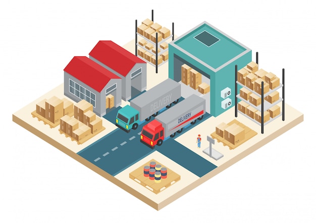 Isometrisch transport logistiek concept. distributie dienstverleningsconcept. magazijnopslag en distributiebedrijf.