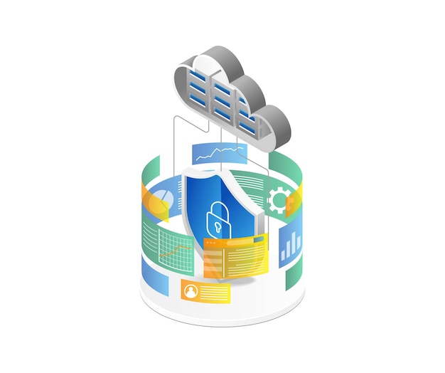 Isometrisch vlak 3d illustratieconcept het analysescherm met de veiligheid van de wolkenserver