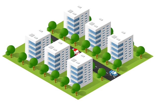 Isometrische 3d illustratie stad stedelijk gebied met veel huizen en wolkenkrabbers