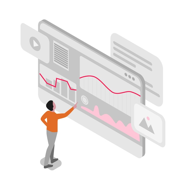 Isometrische 3d illustratie voor zaken De werknemer kijkt naar de grafieken en diagrammen