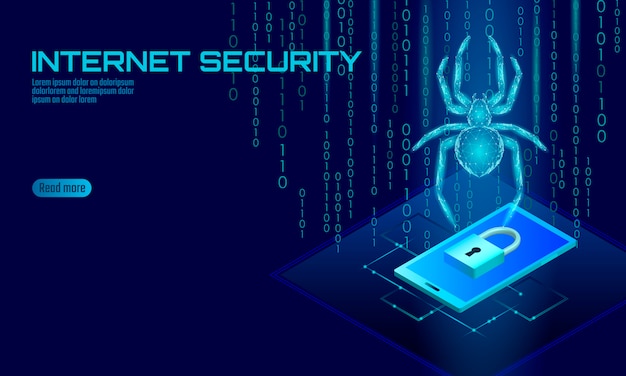 Isometrische 3d spider hacker aanval gevaar. webbeveiliging virus gegevens veiligheid antivirus concept. smartphone lock ontwerp bedrijfsconcept. cybercriminaliteit web insect bug technologie illustratie