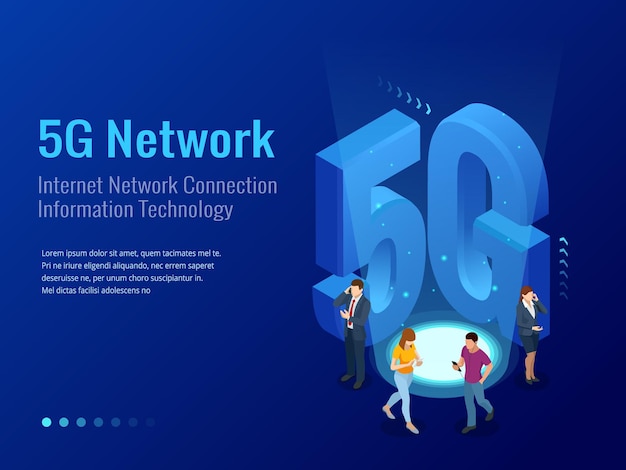 Isometrische 5g-netwerk draadloze systemen en internet vectorillustratie. communicatienetwerk, bedrijfsconcept.