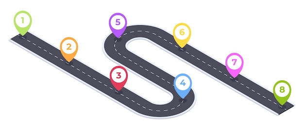 Isometrische 8 stappen kronkelende weg navigatie Stadskaart tijdlijn weg routekaart traject asfaltweg infographic 3D vector illustratie