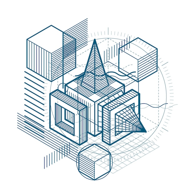 Isometrische abstracte achtergrond met lijnen en andere verschillende elementen, vector abstracte sjabloon. samenstelling van kubussen, zeshoeken, vierkanten, rechthoeken en verschillende abstracte elementen.