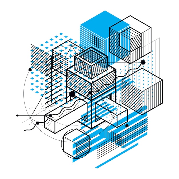 Isometrische abstracte achtergrond met lijnen en andere verschillende elementen, vector abstracte sjabloon. Samenstelling van kubussen, zeshoeken, vierkanten, rechthoeken en verschillende abstracte elementen.