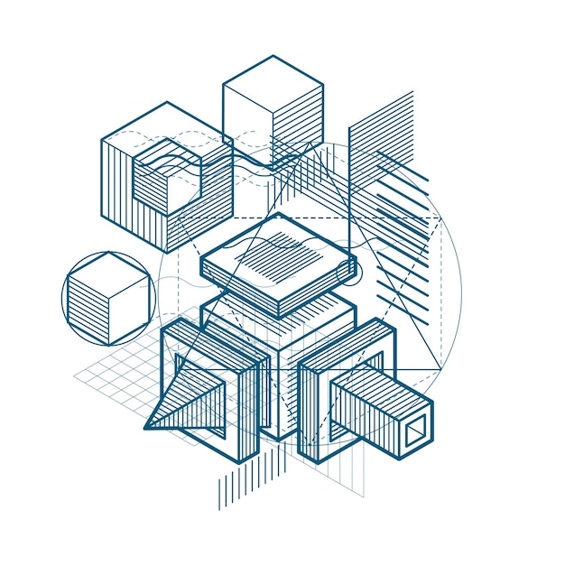 Isometrische abstracte achtergrond met lineaire dimensionale vormen, 3d mesh vectorelementen. Samenstelling van kubussen, zeshoeken, vierkanten, rechthoeken en verschillende abstracte elementen.